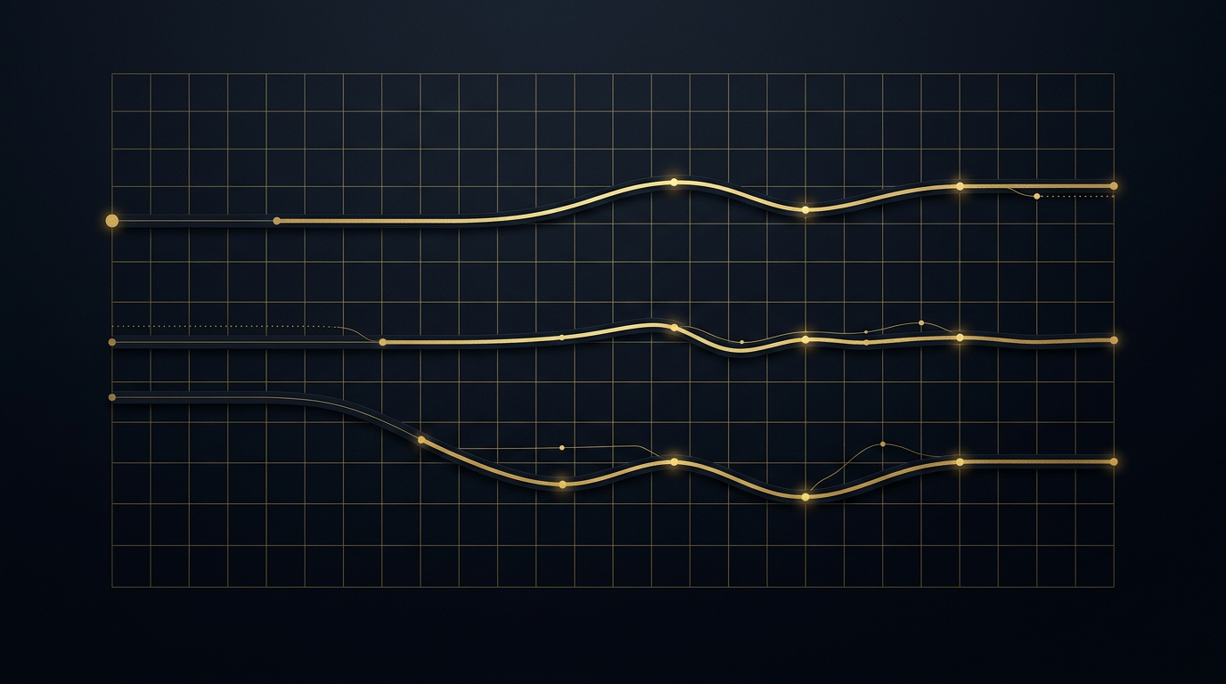 Three parallel gold pathways over a navy grid representing net-worth, bank-deposits, and expenditures reconstruction methods