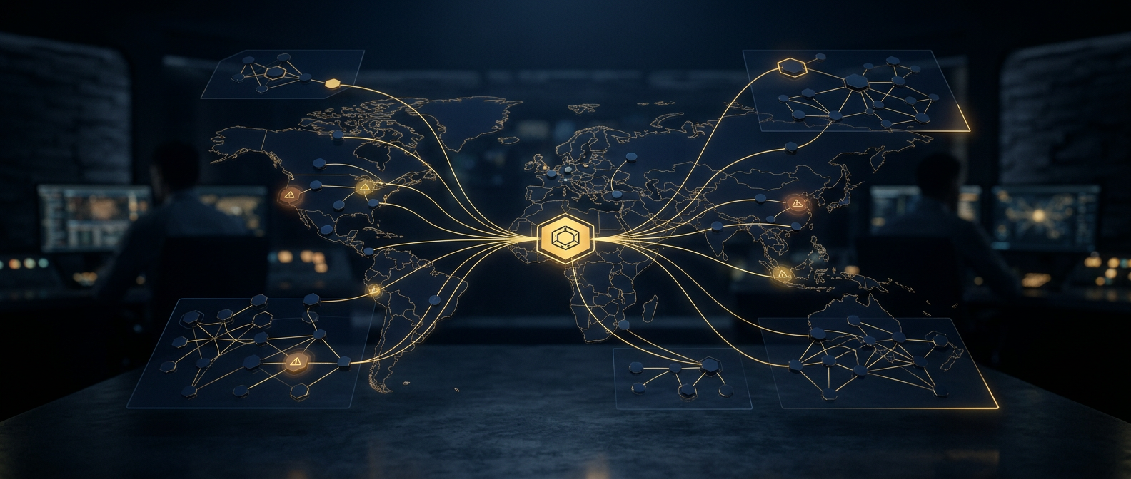 Third-party vendor risk due diligence concept showing a central company mapped to flagged partner and supplier nodes across a global supply chain in navy and gold