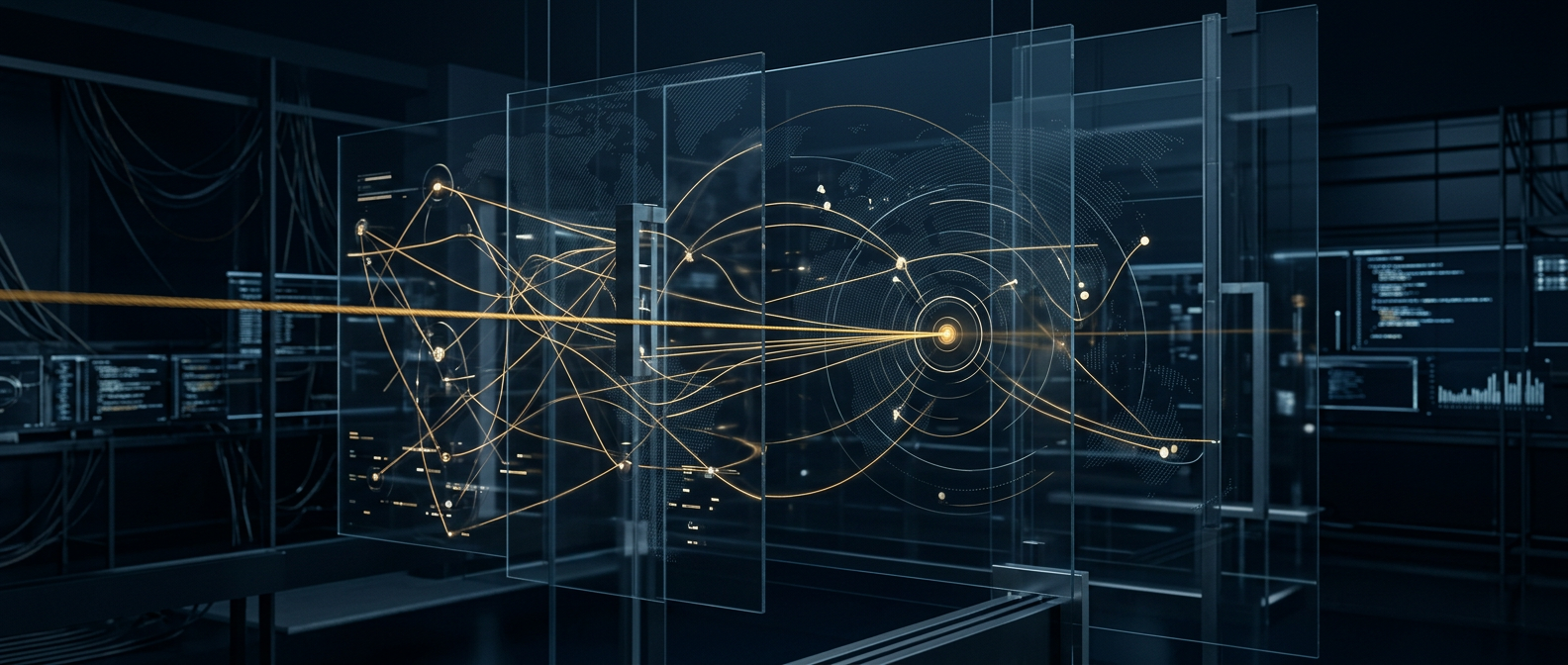 Abstract dark navy and gold visualization of money flowing through layered corporate ownership structures