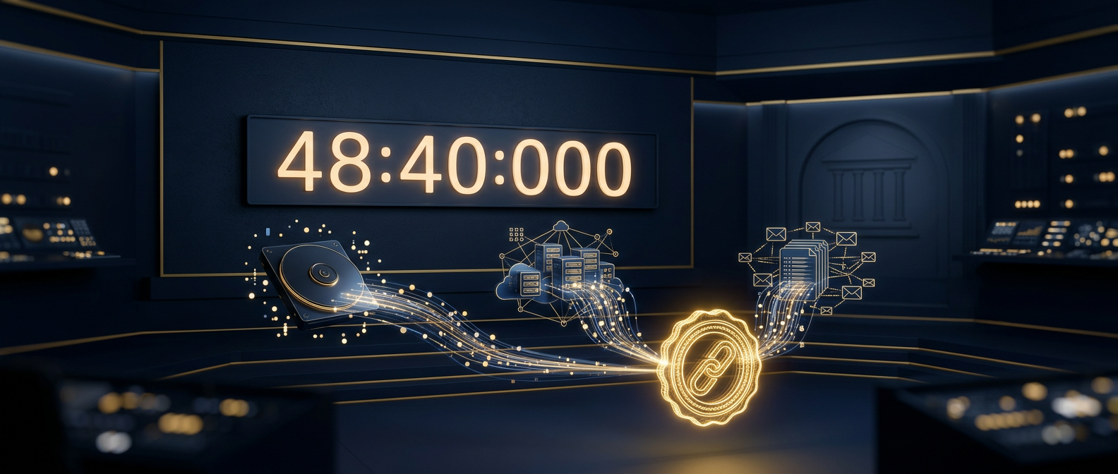 Trade-secret theft investigation concept showing a 48-hour countdown over sealed forensic image, cloud logs, and mailbox audit converging on a chain-of-custody seal in navy and gold