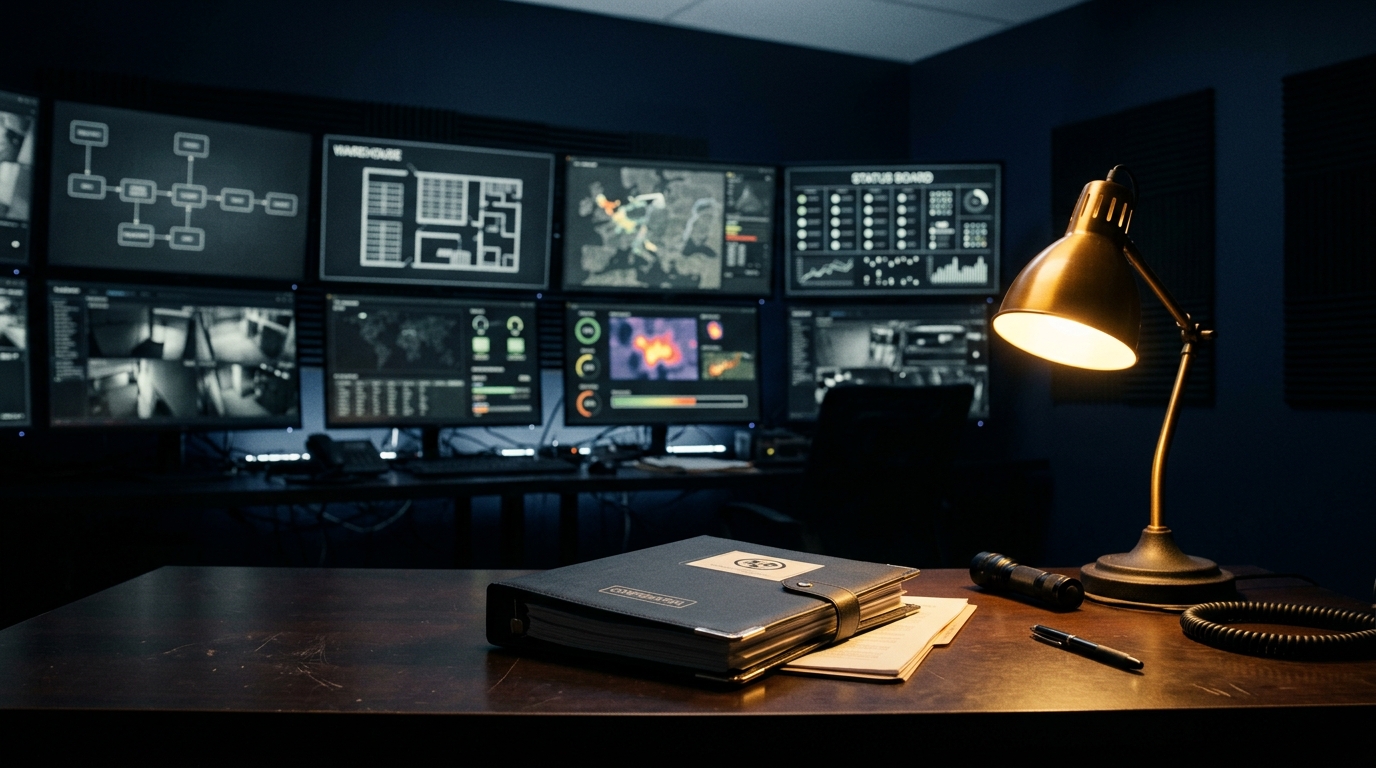 Covert workplace investigation command room with monitoring station, case board, and sealed operations binder