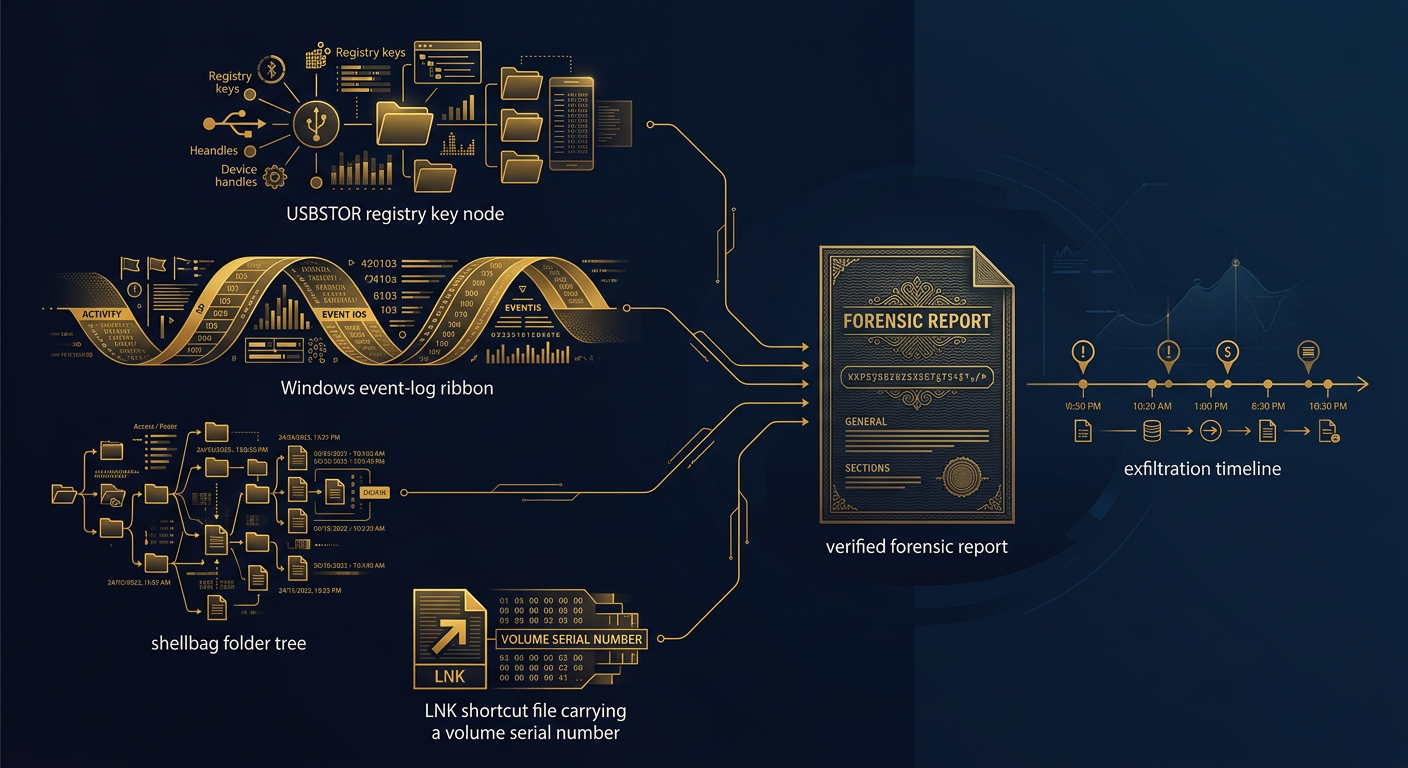 USBSTOR registry, event logs, shellbags and LNK files converging on one verified data-exfiltration timeline