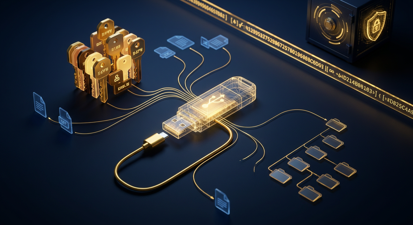 USB drive forensics operations concept showing a wireframe thumb drive linked to Windows registry keys and copied file artifacts in navy and gold
