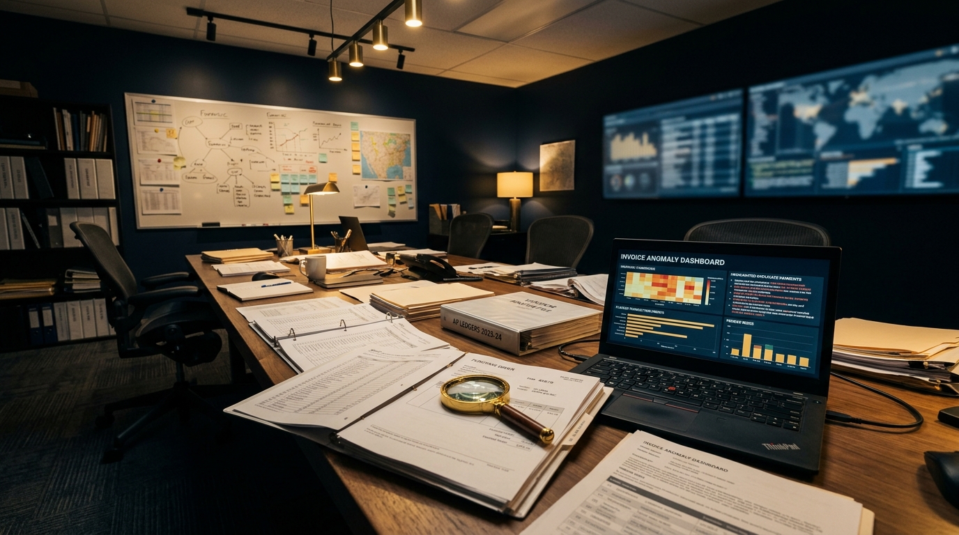 Financial investigations command room showing accounts-payable ledgers, a vendor master file, and an invoice-anomaly dashboard used to detect supplier fraud