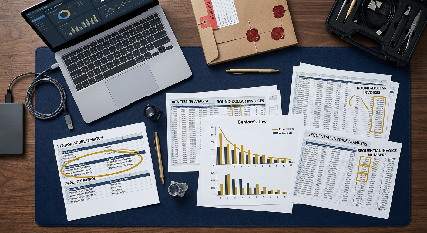 Procurement fraud data-testing workspace with flagged invoices, a Benford's Law chart, and a vendor-to-employee address match used to detect phantom vendors and kickbacks