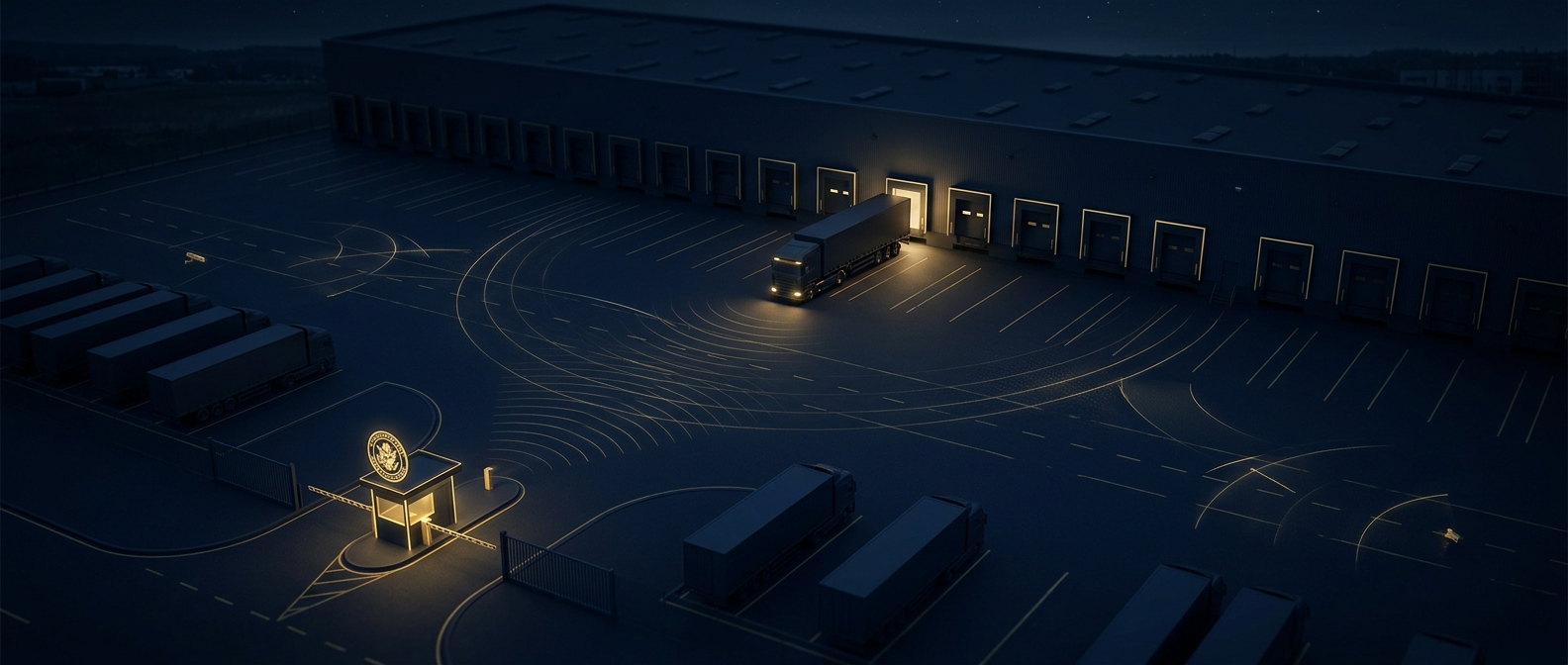 Distribution center loading dock and truck yard at night with gate checkpoint and camera coverage arcs in navy and gold