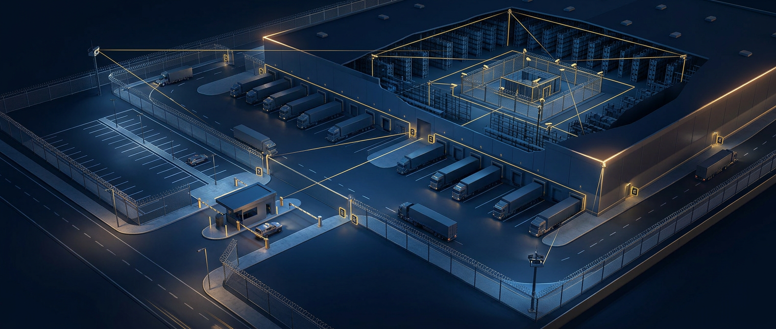 Aerial concept of a distribution center with concentric layered security defenses from perimeter fence to interior high-value cage in navy and gold