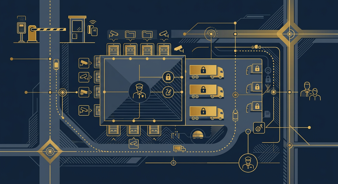 Abstract navy and gold concept of a Phoenix distribution center with gate, dock, yard, and mobile patrol control nodes