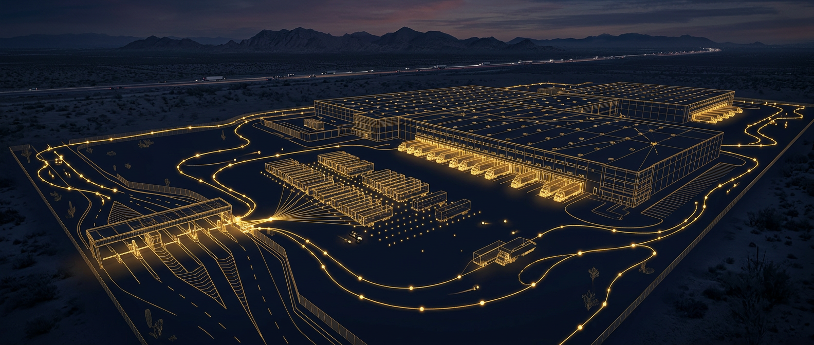 Conceptual navy and gold illustration of a Phoenix distribution center perimeter showing gate, docks, yard, and patrol route nodes