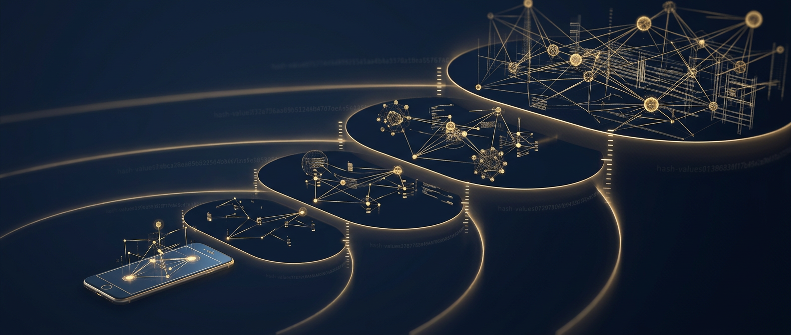 Digital forensics cost and scope concept showing evidence tiers rising from a single phone to an enterprise network in navy and gold