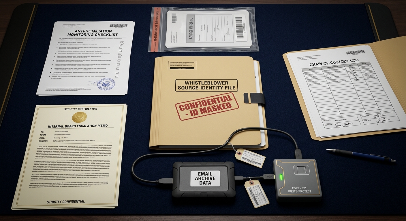 Whistleblower case file with a masked source-identity folder, chain-of-custody log, preserved email archive, and an anti-retaliation monitoring checklist