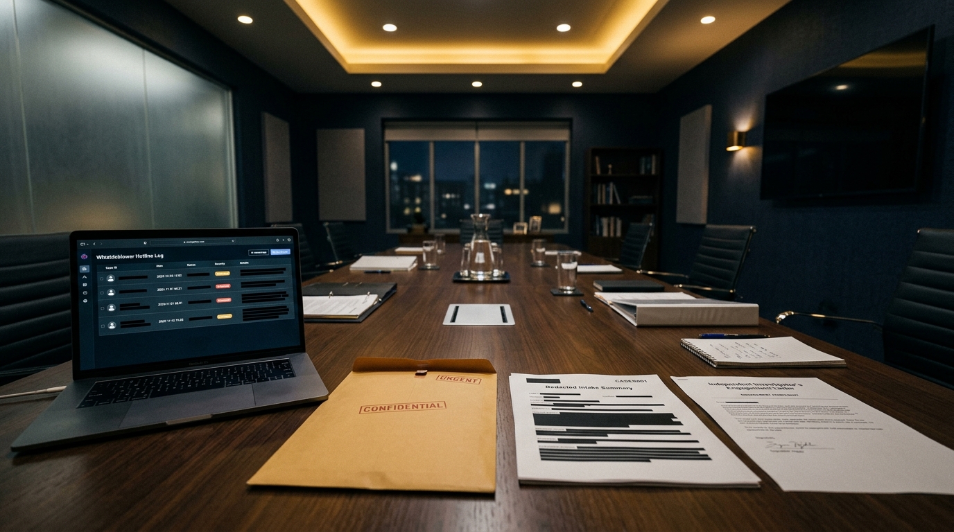 Audit committee investigation room with a sealed anonymous whistleblower complaint, a redacted intake summary, and an independent investigator engagement letter
