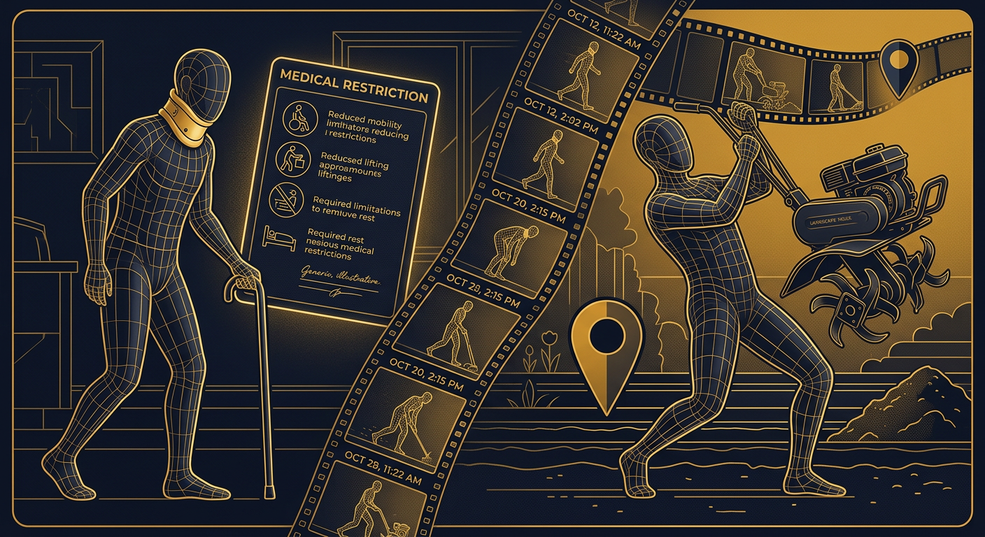 Split concept image contrasting a claimant's stated restrictions against observed strenuous activity documented on a chain-of-custody video timeline