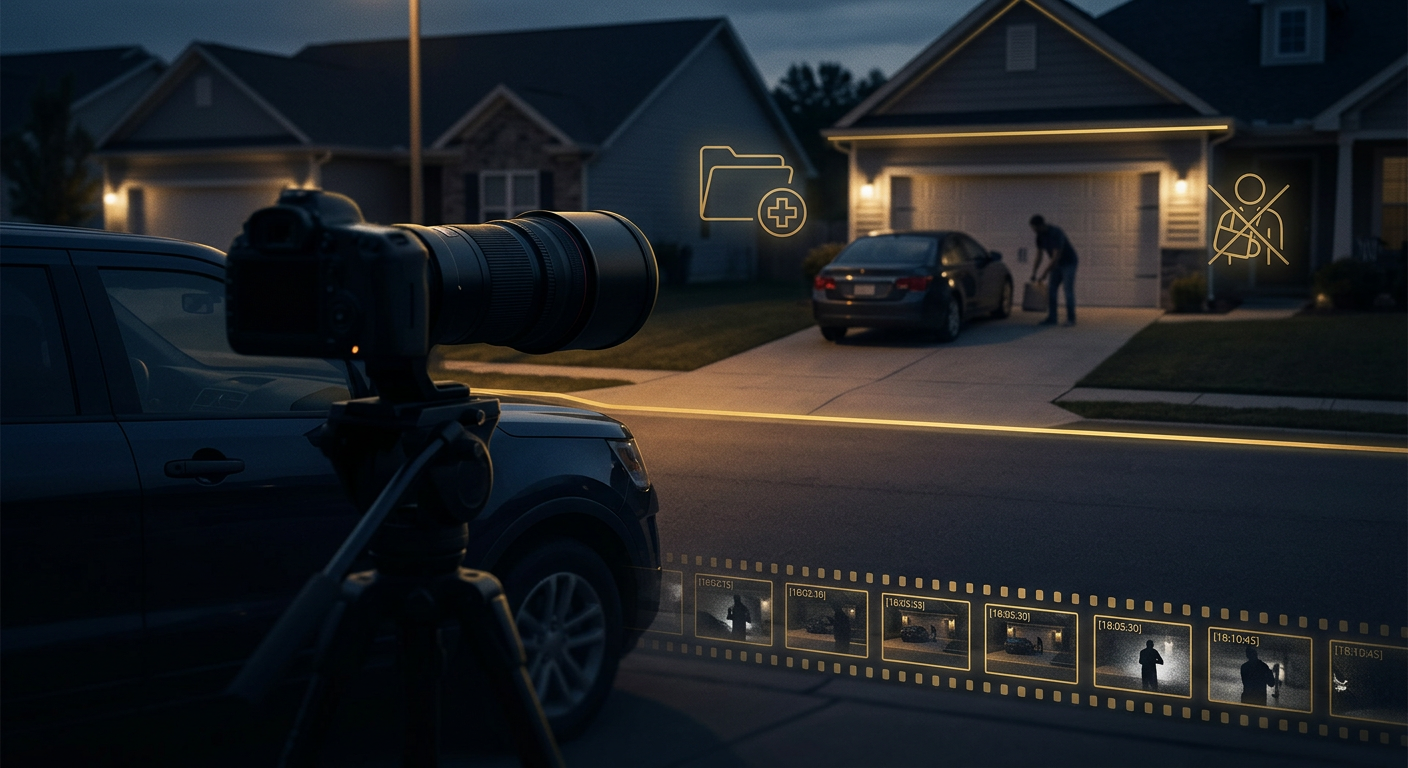 Workers' comp fraud surveillance concept showing a long-lens camera observing a driveway from a public vantage in navy and gold