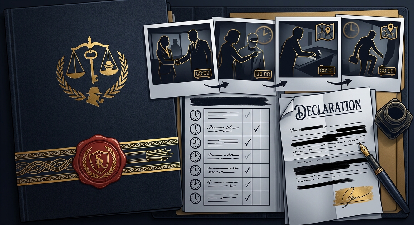 Sub-rosa workers' comp evidence package concept showing time-stamped stills, activity log, declaration, and chain-of-custody seal