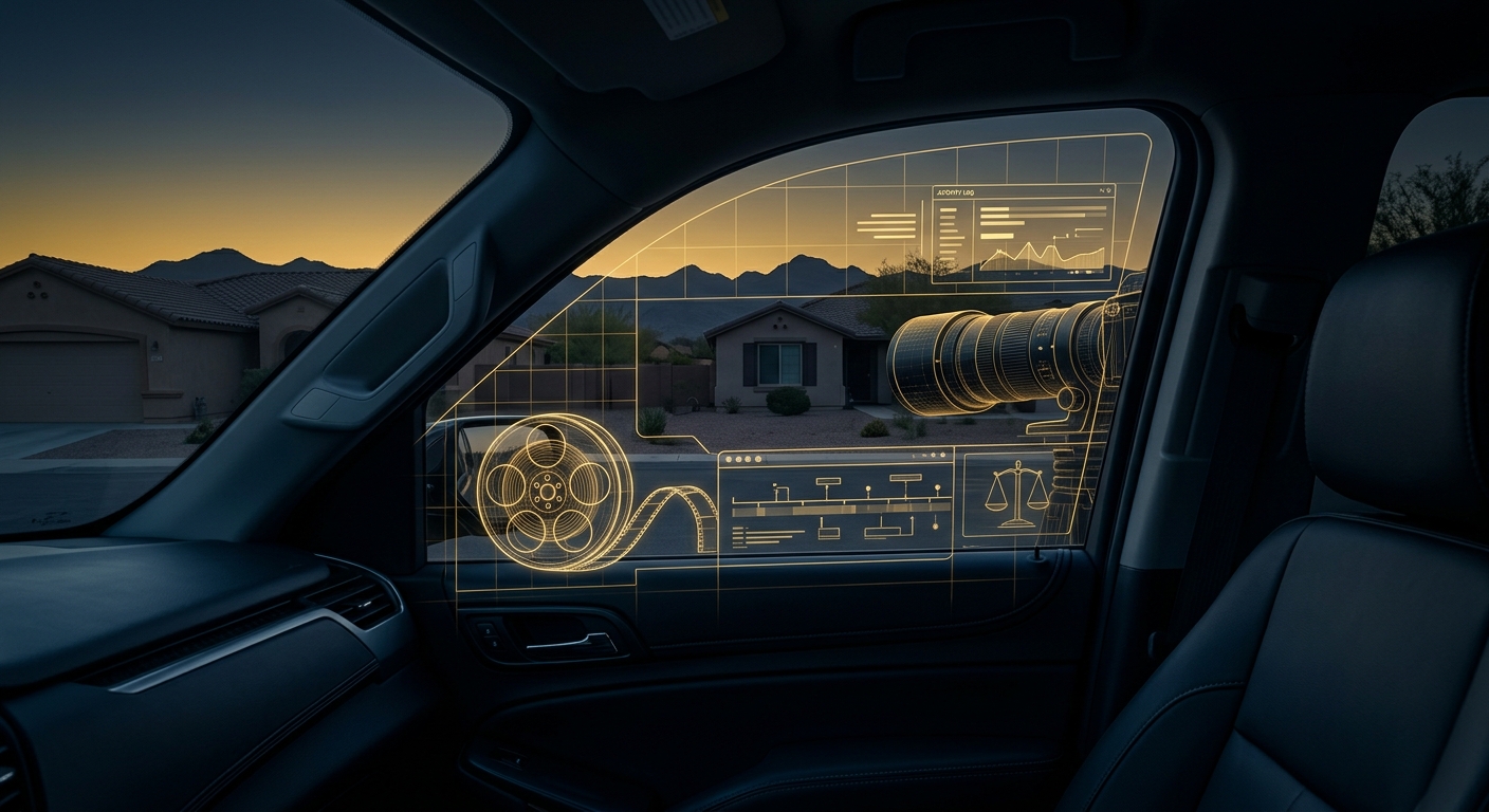 Arizona workers' compensation surveillance concept showing a discreet vehicle and timestamped sub-rosa log overlay in navy and gold