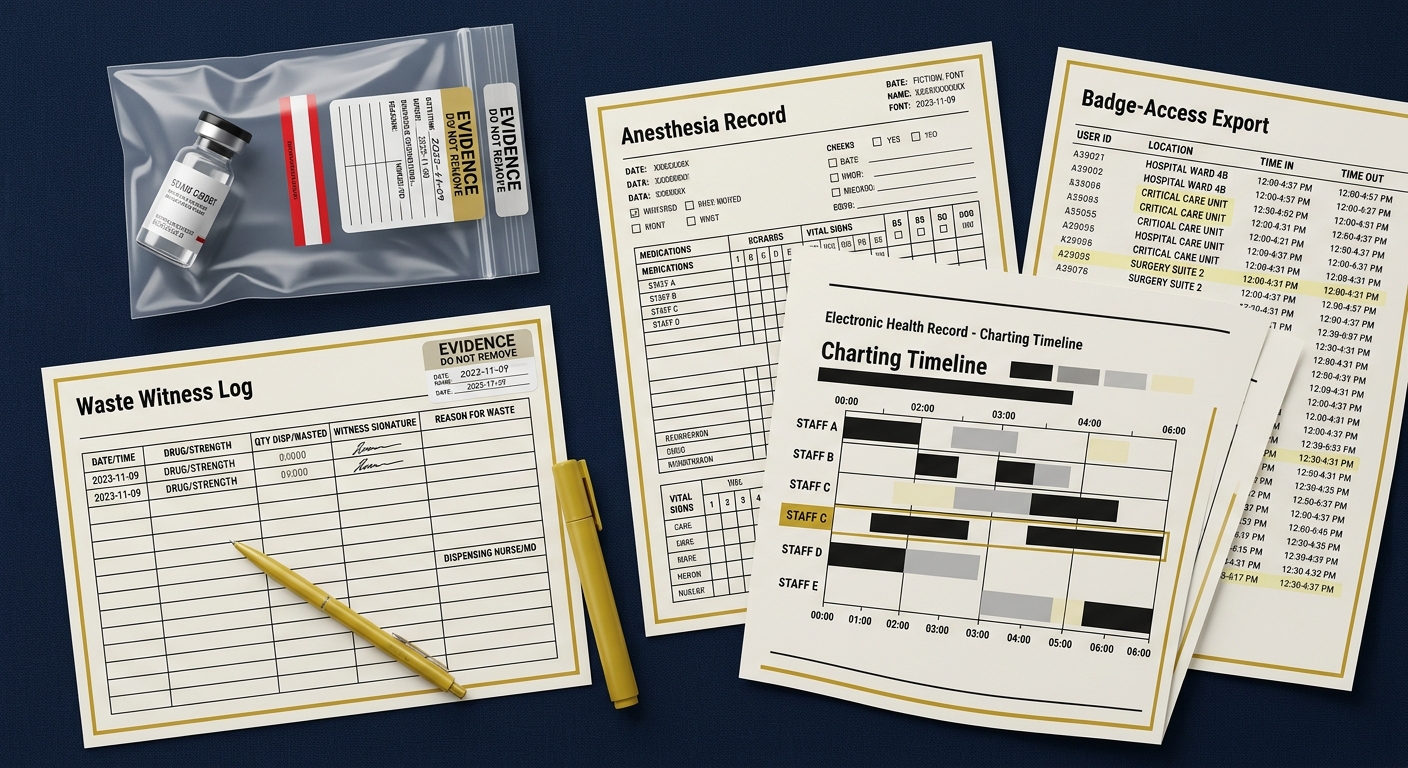 Drug-diversion evidence layout showing a sealed narcotic vial, waste-witness log, anesthesia record, and badge-access data