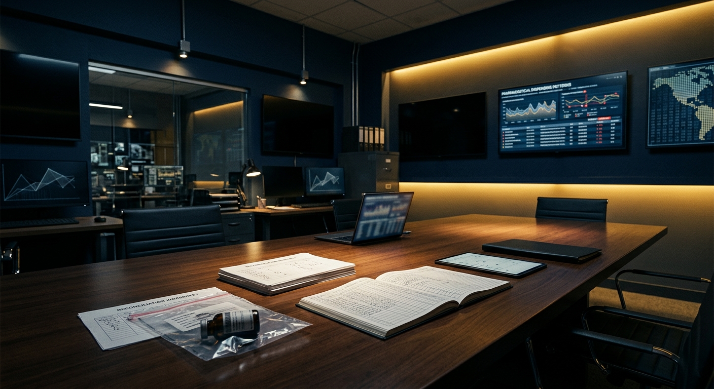 Controlled-substance diversion investigation room with dispensing-cabinet analytics, a sealed medication vial in evidence, and a reconciliation ledger