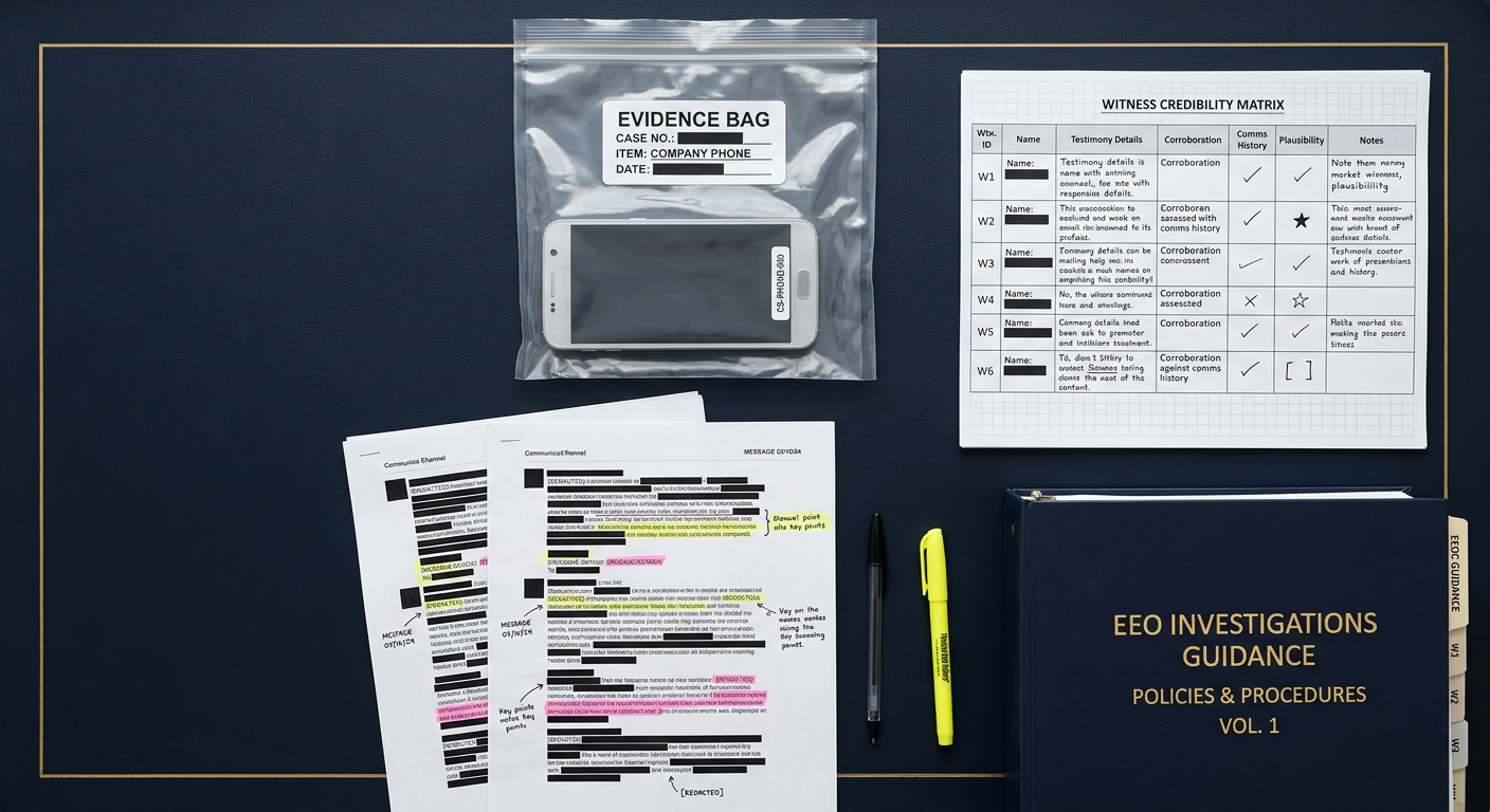 Harassment investigation desk with a sealed company phone, redacted message threads, and a witness credibility matrix