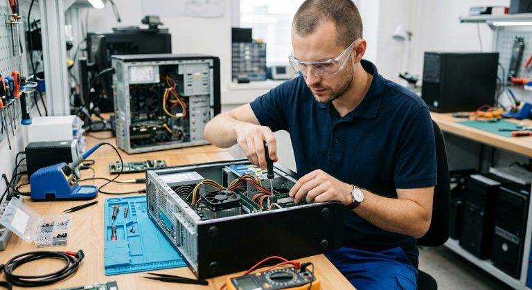 Technician working on server and endpoint hardware