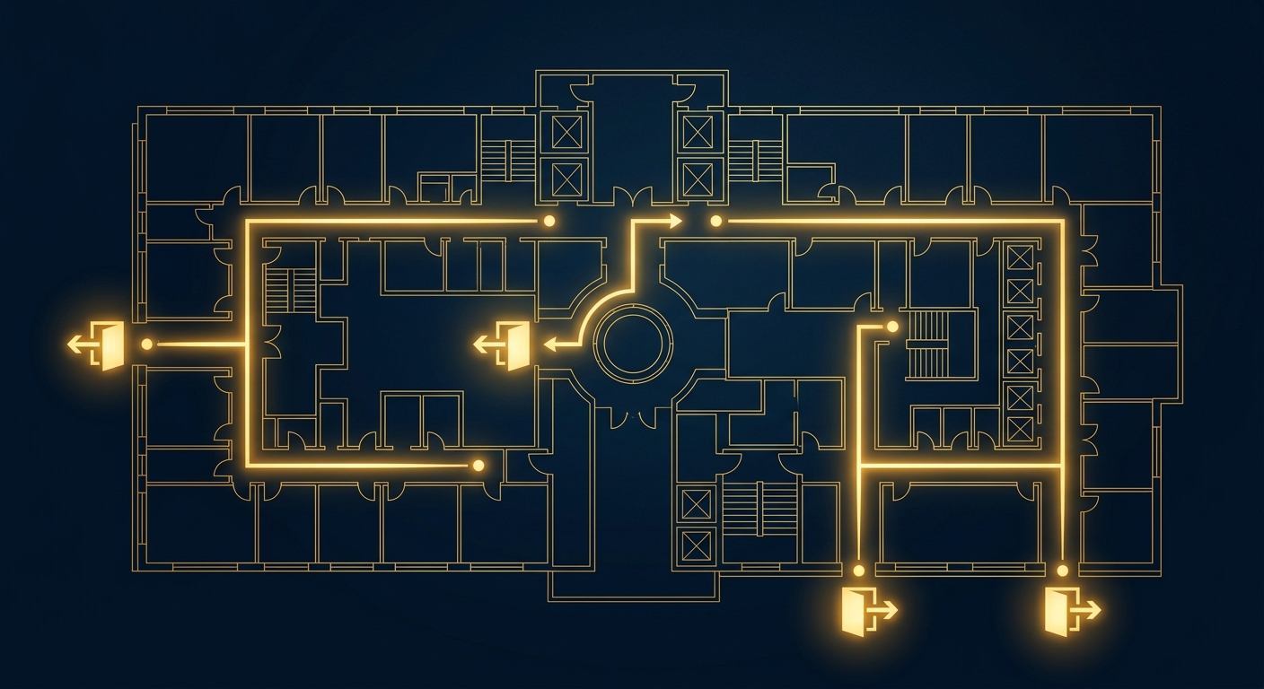 Abstract illustration of a building floor plan with glowing exit paths symbolizing active shooter emergency evacuation planning