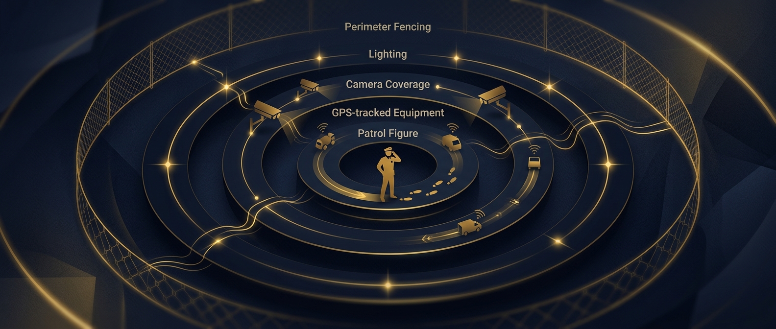 Layered jobsite security framework showing perimeter fencing, lighting, cameras, tracking, and patrol in navy and gold