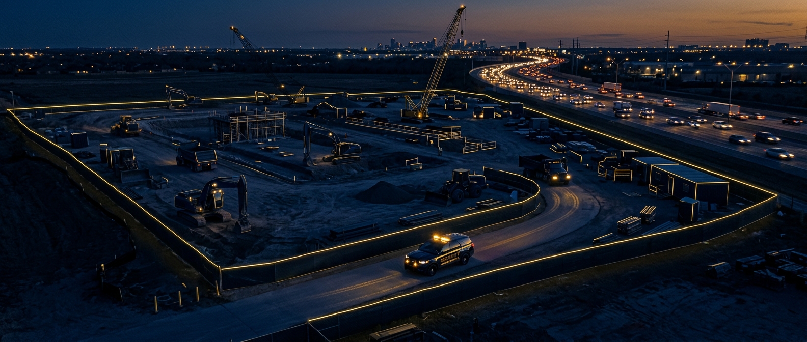 Aerial view of a fenced construction jobsite at dusk with equipment and security patrol along a highway corridor