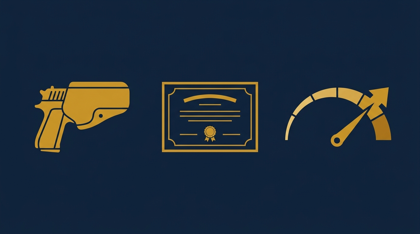 Concept of deciding when armed security coverage is justified with a sidearm, license, and risk gauge in navy and gold
