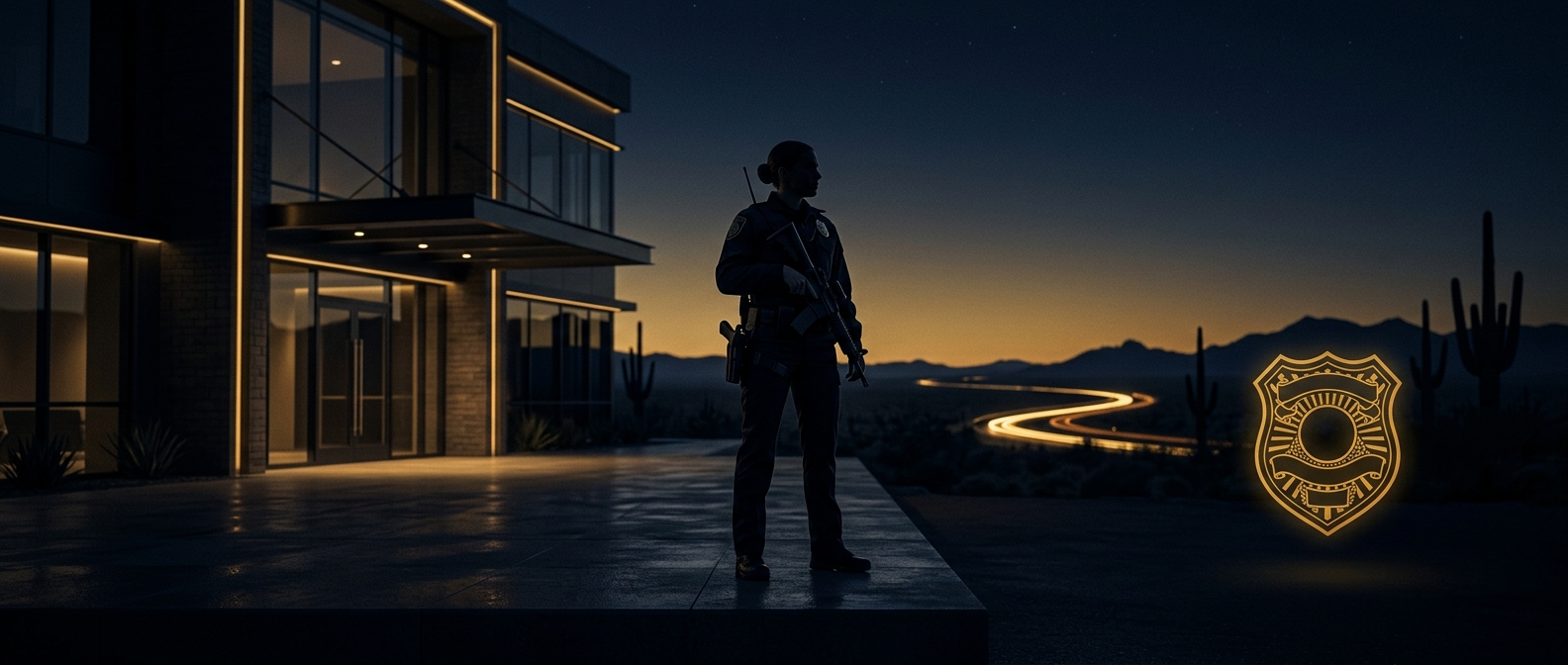 Armed security guard standing post at a Casa Grande commercial property with a licensed shield concept in navy and gold