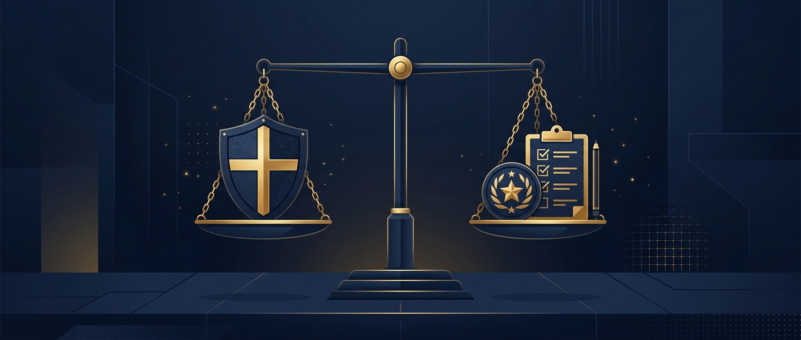 Concept of an armed and unarmed guard decision framework with a shield and scale in navy and gold