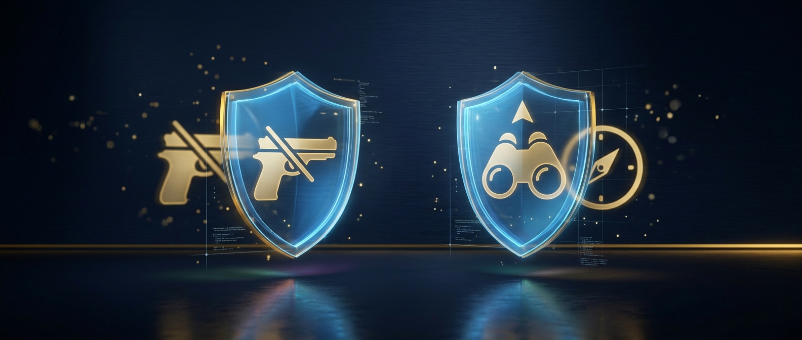 Armed versus unarmed security guard decision concept with two shield icons in navy and gold