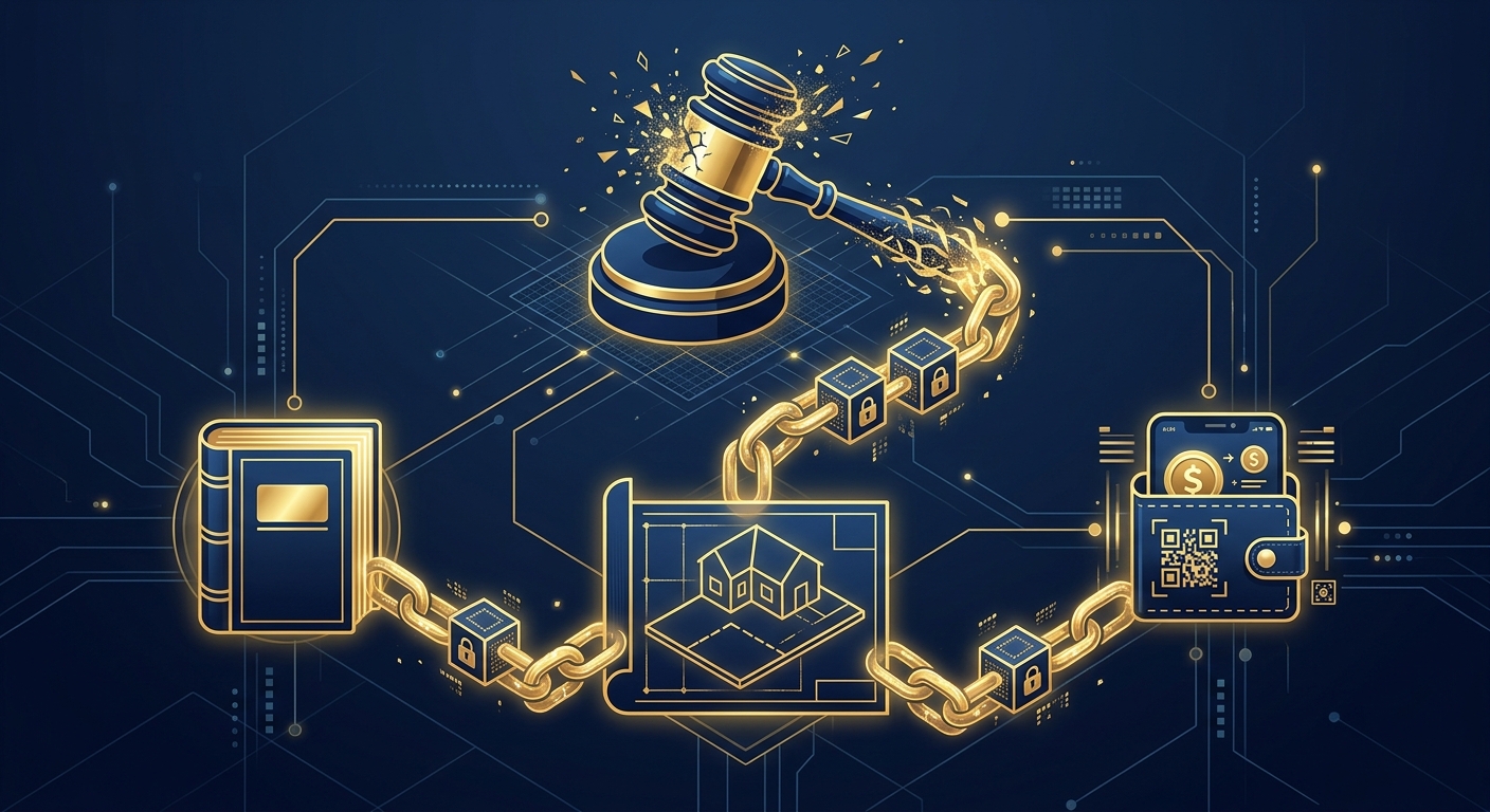 Navy and gold conceptual illustration connecting a judgment, a ledger, property, and a digital wallet in a recovery chain