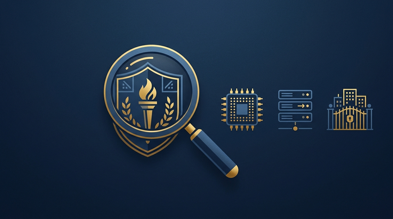 Concept of matching Chandler security guard coverage to property type: semiconductor, data center, and residential, in navy and gold
