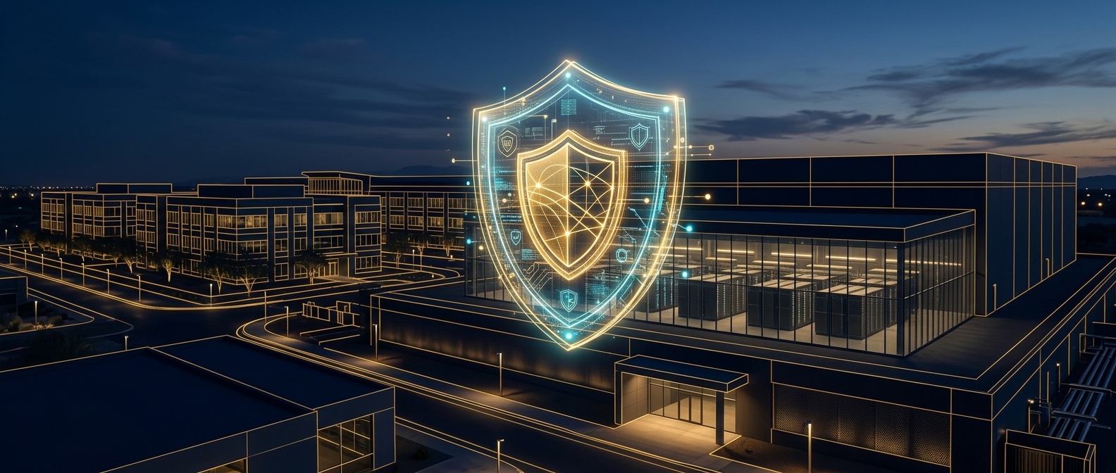 Concept of choosing the best security guard company in Chandler Arizona for tech campuses and data centers, shield and skyline in navy and gold