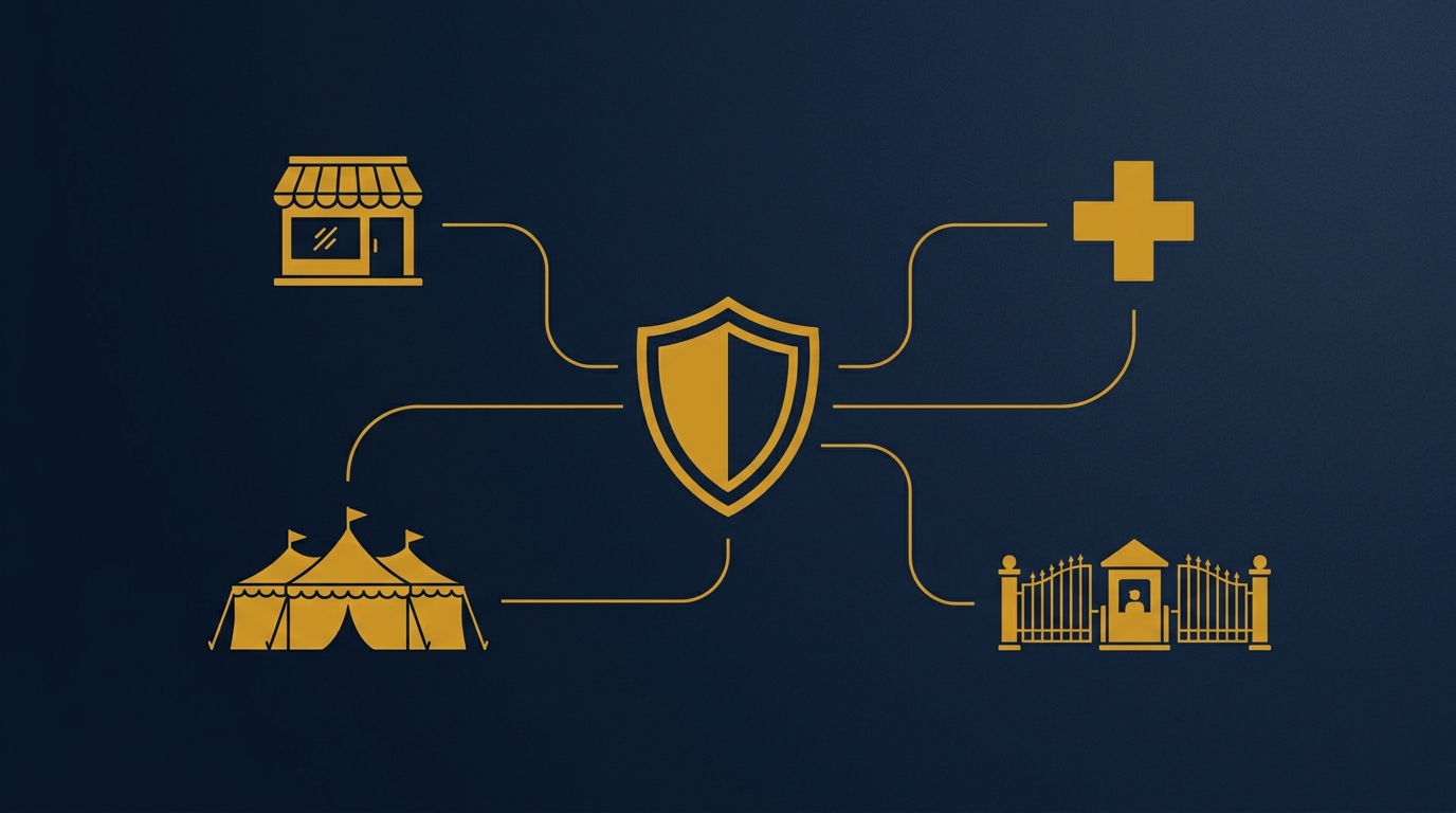 Icons for retail, healthcare, HOA, and event security connected to a central shield in navy and gold