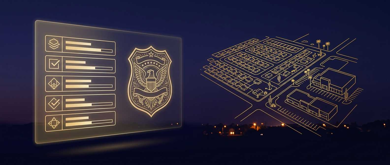 Concept of choosing the best licensed security guard company in Gilbert Arizona with a checklist and shield in navy and gold