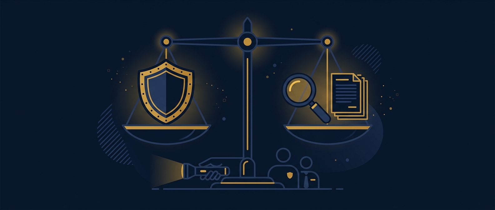 Balanced-scale concept for evaluating Mesa security guard companies on licensing, in-house staffing, and insurance in navy and gold