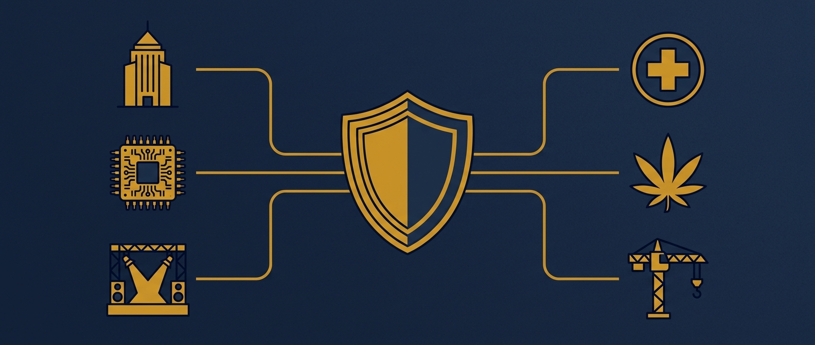 Six Phoenix industry sectors linked to a central security shield, symbolizing matching a security company to your industry, in navy and gold