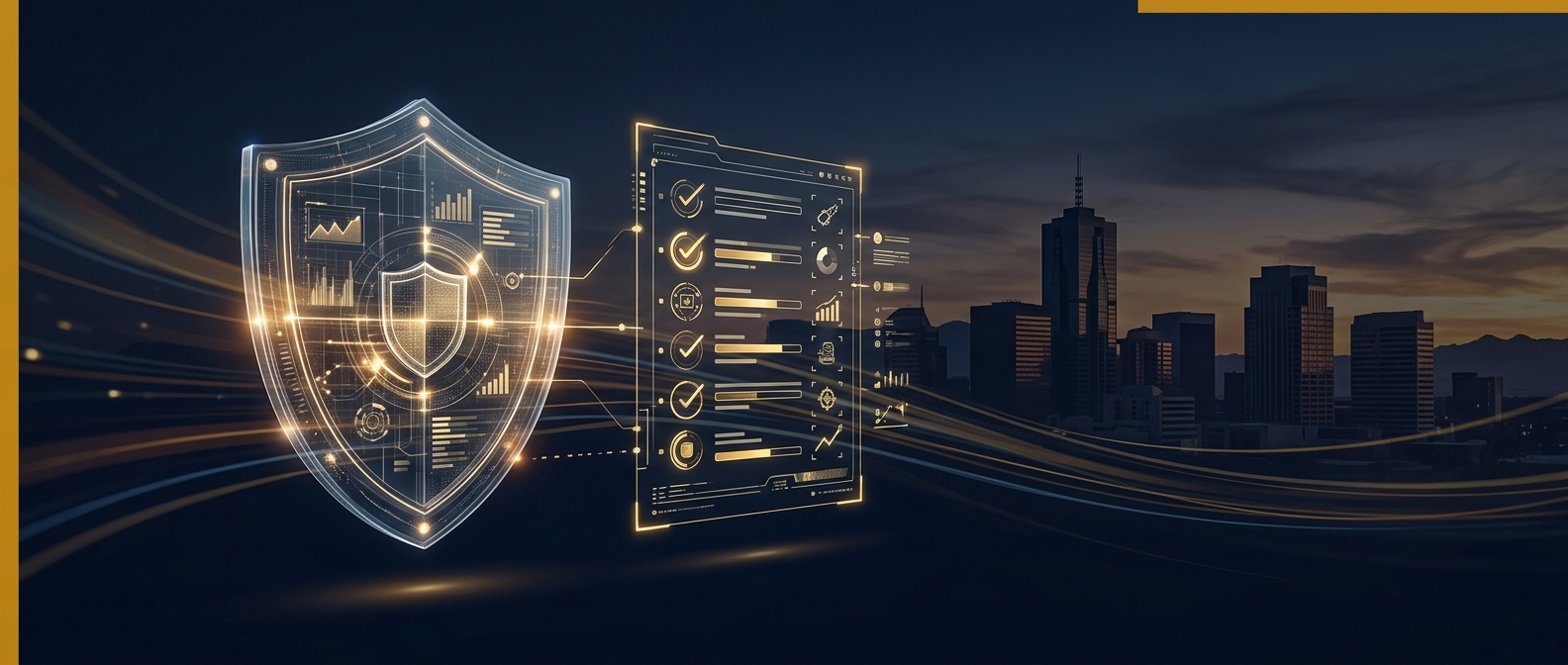 Concept of choosing the best security guard company in Phoenix, with a shield badge and evaluation checklist over the downtown skyline in navy and gold