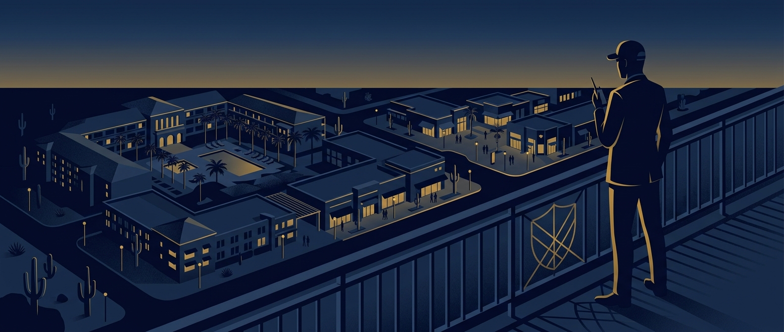 Discreet security professional overlooking a Scottsdale luxury resort and retail district at dusk, concept in navy and gold