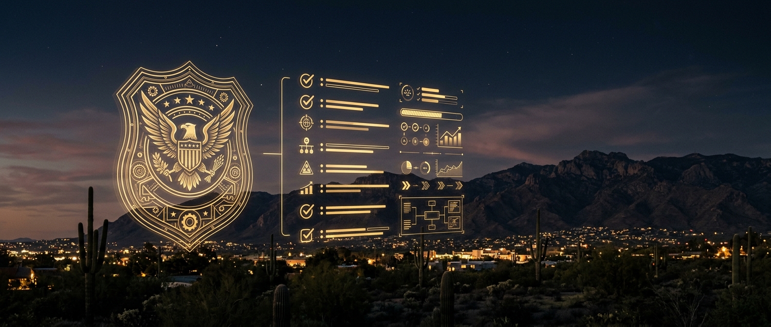 Concept of choosing the best security guard company in Tucson, with a shield badge and evaluation checklist over the desert skyline and Catalina Mountains in navy and gold