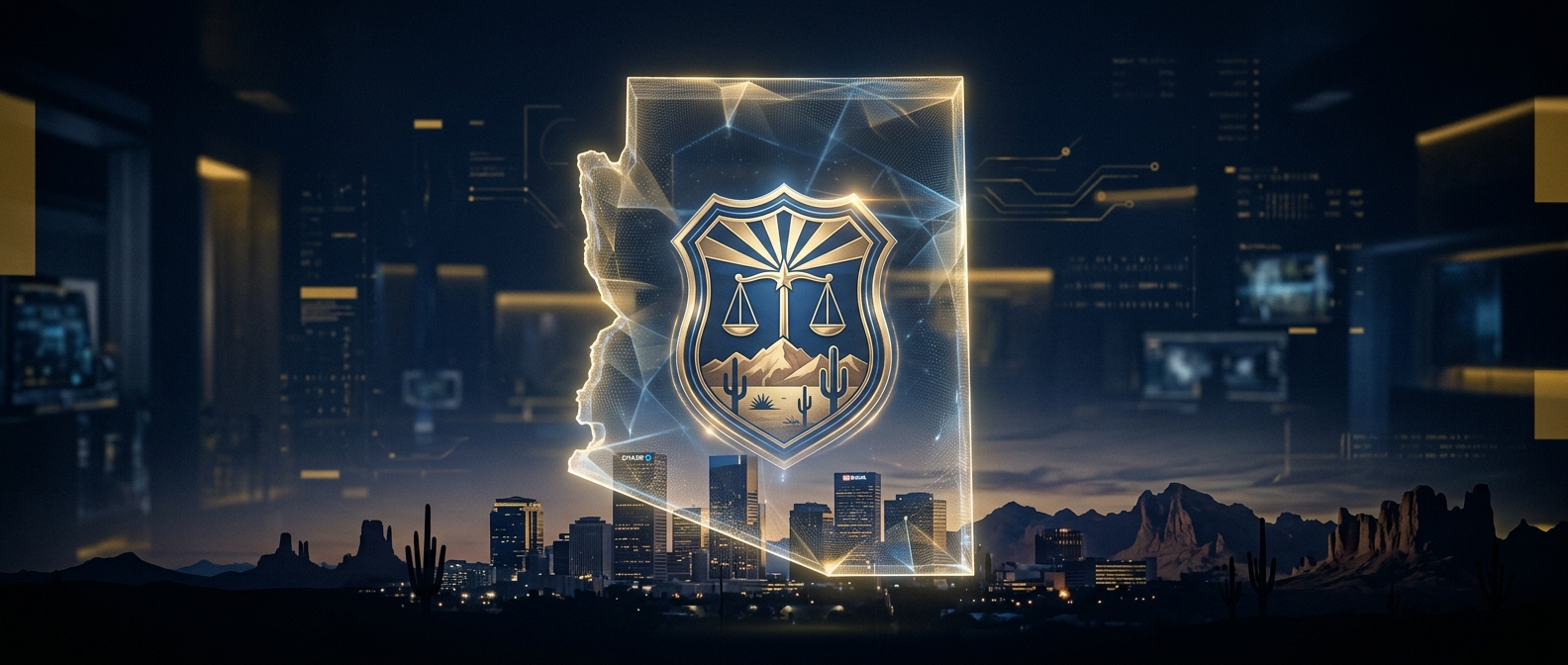 Concept of choosing the best licensed security guard company in Arizona with a shield and state outline in navy and gold
