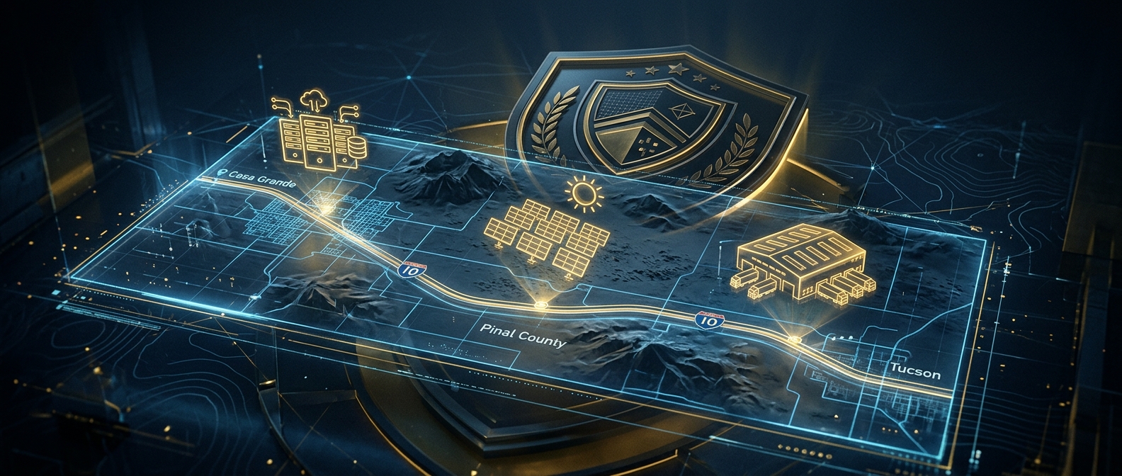 Concept of choosing the best Casa Grande and Pinal County security guard company protecting the I-10 corridor in navy and gold
