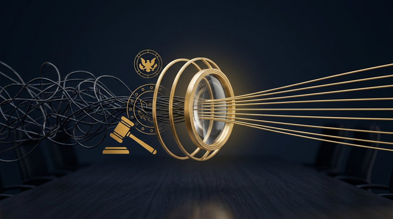 Analytical lens resolving a board nominee's undisclosed conflicts, litigation history, and regulatory record in navy and gold