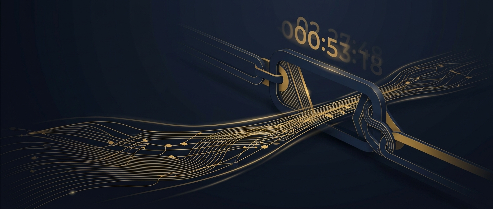 Wire transfer recall window concept showing a closing gate and fading countdown in navy and gold