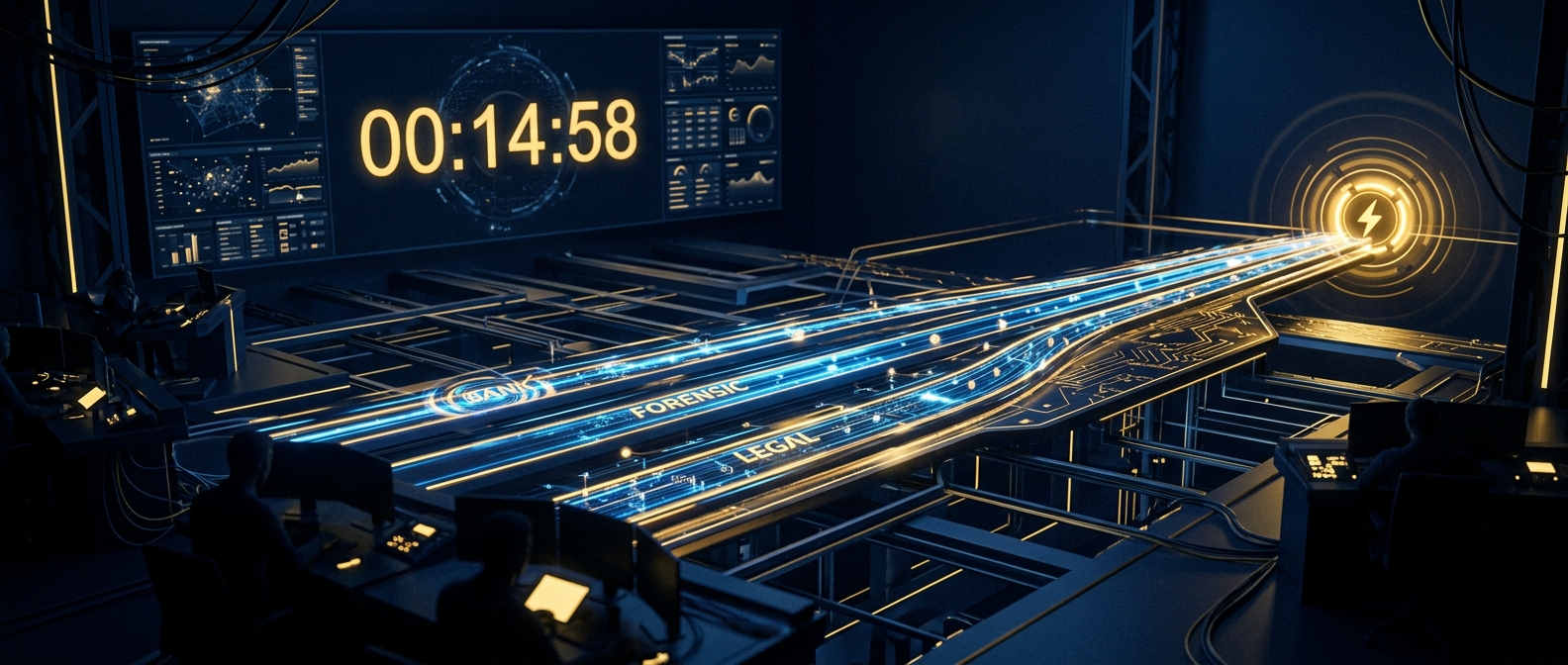 Business email compromise response concept showing parallel bank, forensic, and legal action tracks racing against time in navy and gold