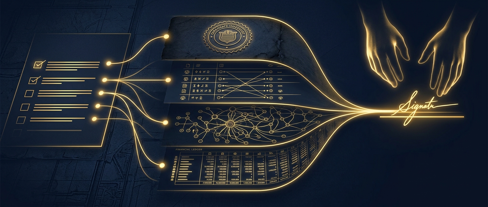 Business partner due diligence checklist concept showing corporate records, beneficial ownership, litigation, and financial verification layers resolving in navy and gold