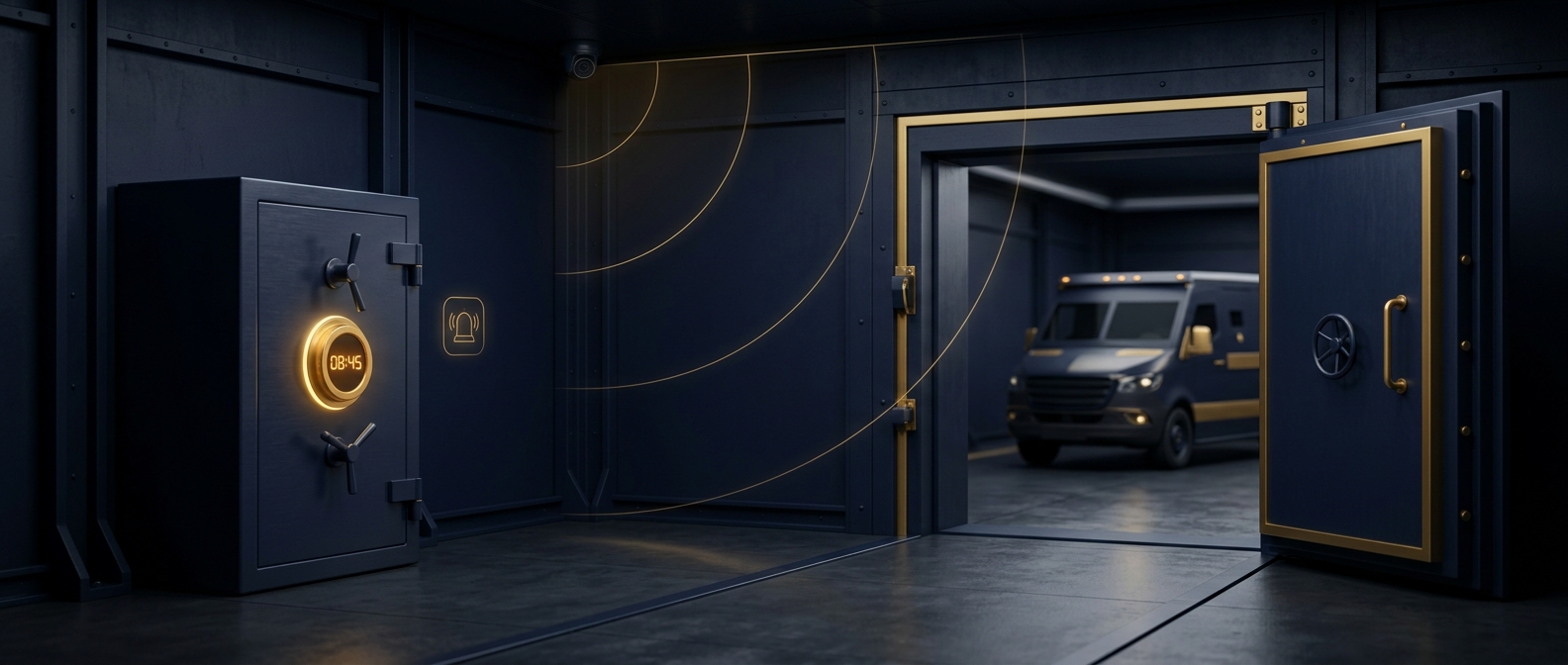 Dispensary vault room with a rated dual-control safe, time-lock indicator, and an armored cash-transport vehicle staged at a secured rear door in navy and gold