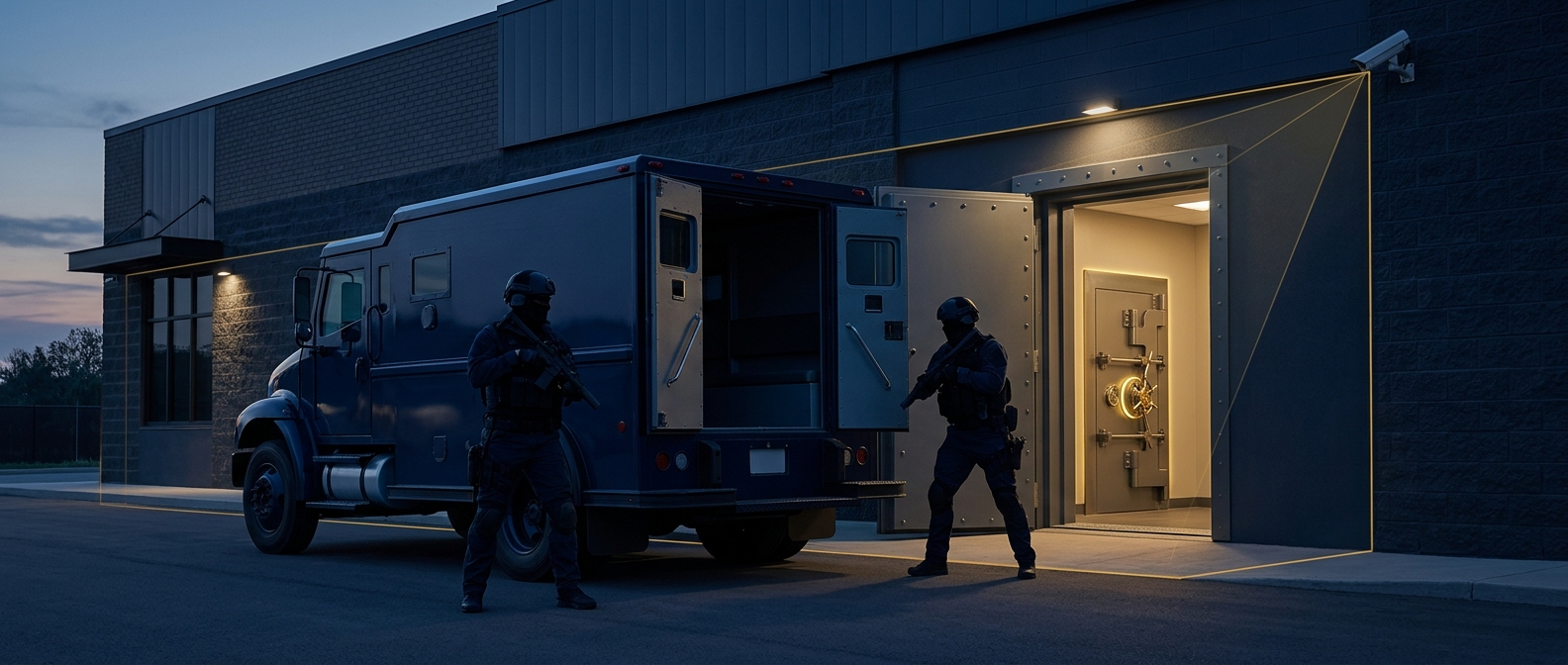 Armored cash-transport vehicle at a dispensary's secured rear door with a rated vault door and monitored camera sightlines in navy and gold