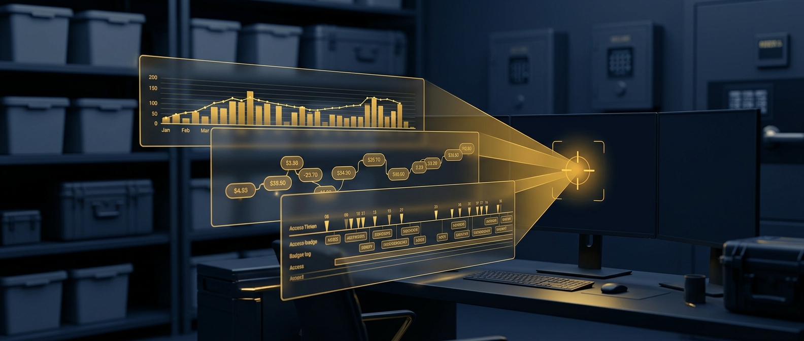 Analyst workstation correlating inventory, point-of-sale, and access-badge data timelines toward a single discrepancy in navy and gold